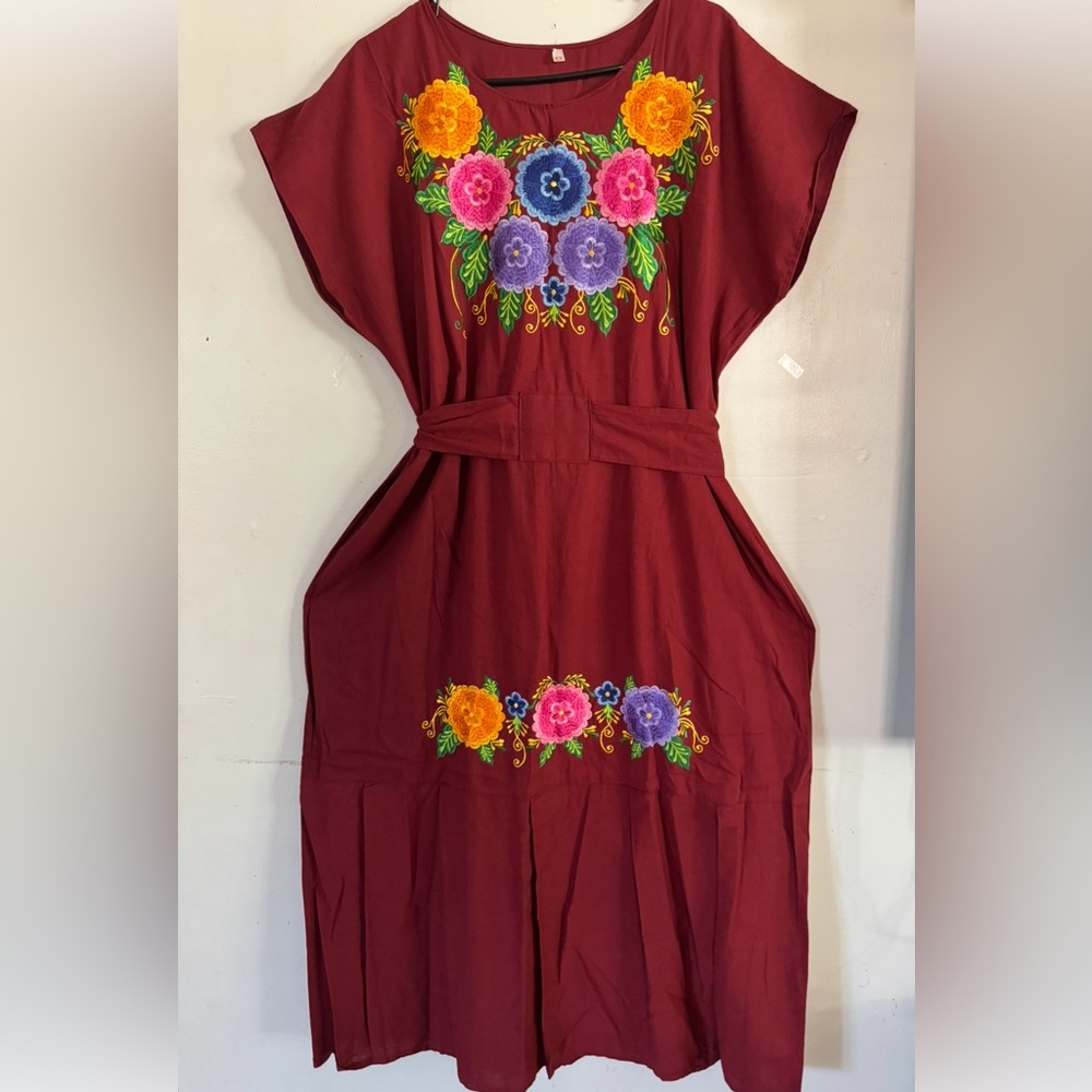 NWOT- Artesanal  embroidered  Red Dress with Floral Design